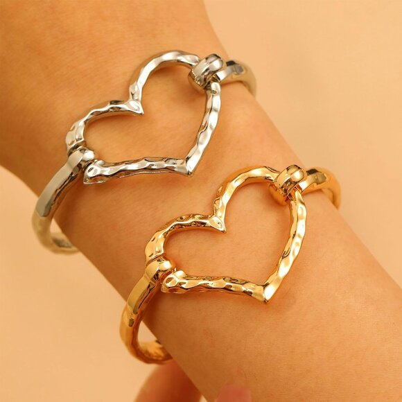 Chunky Gold Heart Cross Cuff Bracelet for Women, Hammered Handmade Jewelry - Picture 4 of 7